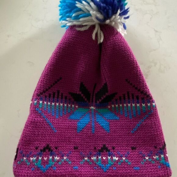 SMILEY Wool Knit Ski Hat Pom Pom Purple Blue Adult OS Made in USA - Picture 4 of 6